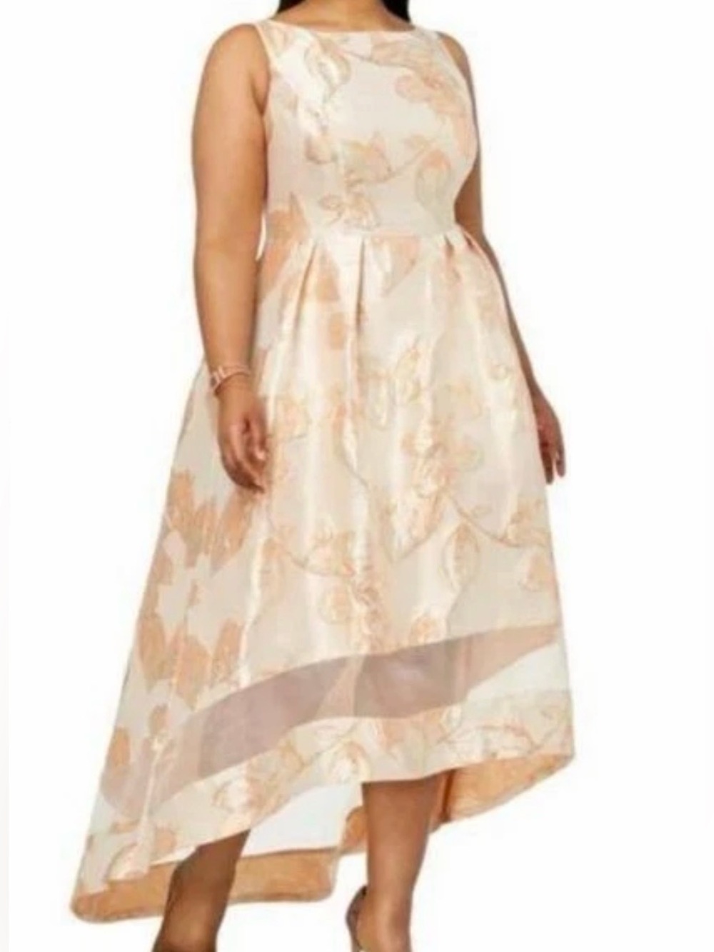 NWT Adrianna Papell Peach Gold Metallic Jacquard Brocade Plus Size Hi Lo Gown 18